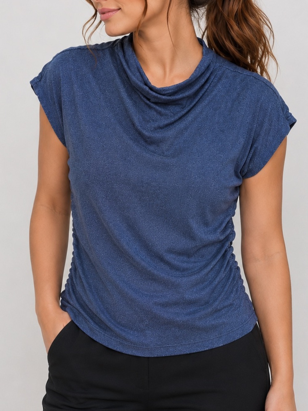 🆕🫐Michael Stars Metallic Knit Draped Mock Neck Top Blue Casual Party Chic L XL